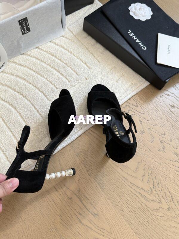 Replica Chanel 25SS Velvet and Lambskin Sandals with Pearls Heel 8.5cm G46168 Black 8