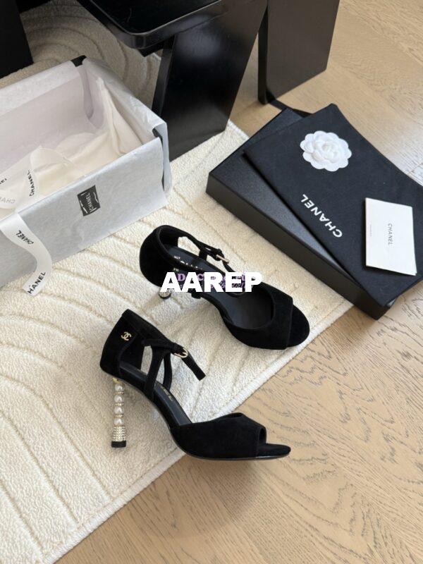 Replica Chanel 25SS Velvet and Lambskin Sandals with Pearls Heel 8.5cm G46168 Black 10
