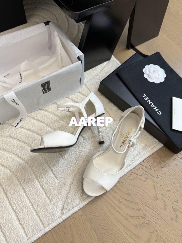 Replica Chanel 25SS Lambskin Sandals with Pearls Heel 8.5cm G46168 White 5