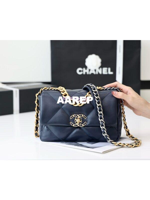 Replica Chanel 19 Small Flap Bag AS1160 Lambskin Dark blue 3