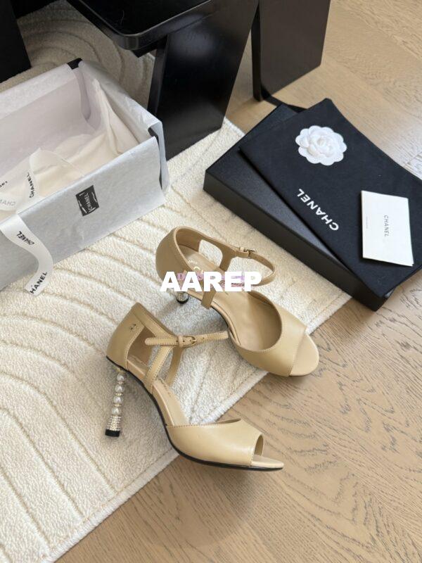 Replica CHANEL 25SS Lambskin Sandals with Pearls Heel 8.5cm G46168 Beige 9