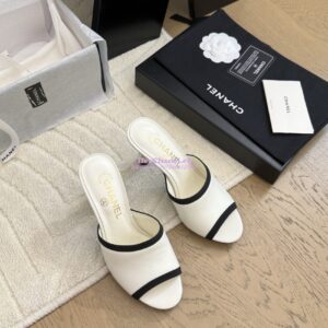 Replica Chanel Lambskin and Grossgrain Mules with Peals Heel 8.5cm G46350 White