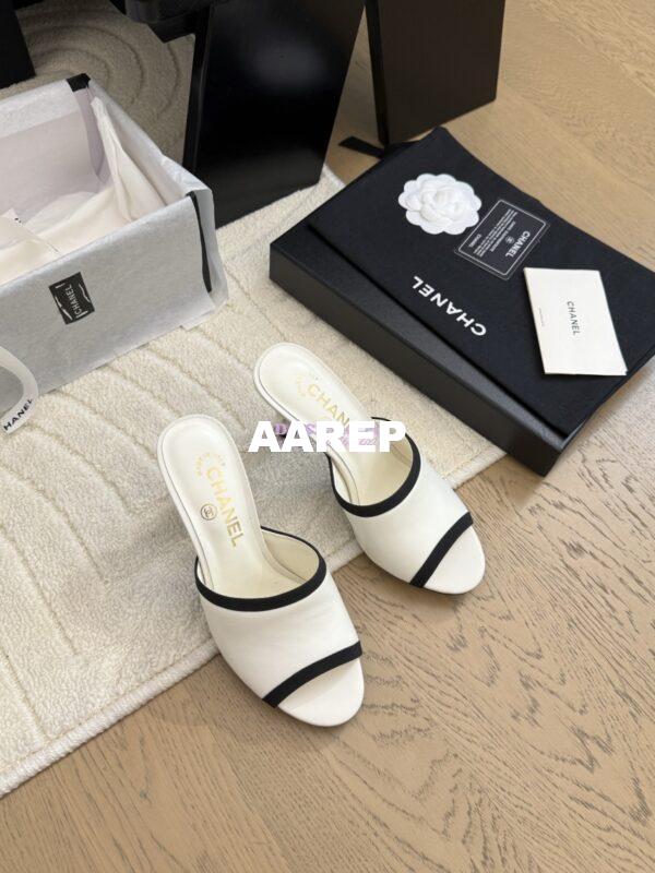 Replica Chanel Lambskin and Grossgrain Mules with Peals Heel 8.5cm G46350 White 3