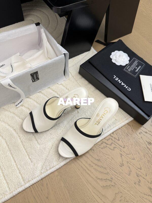 Replica Chanel Lambskin and Grossgrain Mules with Peals Heel 8.5cm G46350 White 4