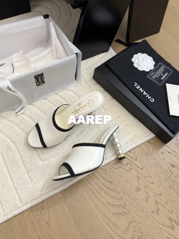 Replica Chanel Lambskin and Grossgrain Mules with Peals Heel 8.5cm G46350 White 5