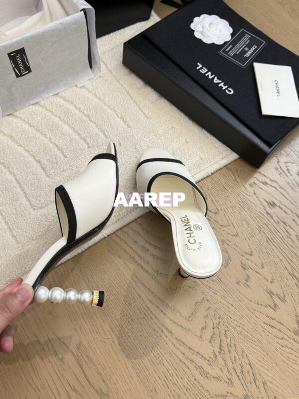 Replica Chanel Lambskin and Grossgrain Mules with Peals Heel 8.5cm G46350 White 6