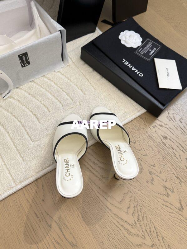 Replica Chanel Lambskin and Grossgrain Mules with Peals Heel 8.5cm G46350 White 7