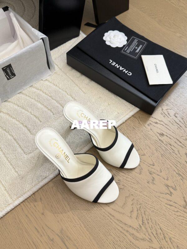 Replica Chanel Lambskin and Grossgrain Mules with Peals Heel 8.5cm G46350 White 8