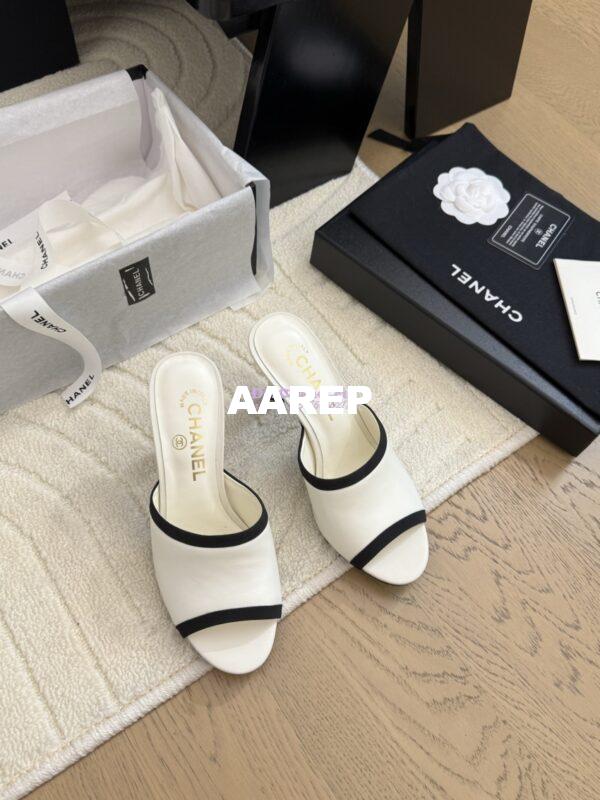 Replica Chanel Lambskin and Grossgrain Mules with Peals Heel 8.5cm G46350 White 9