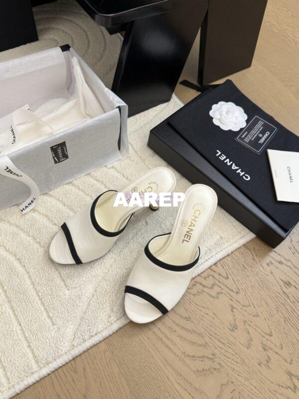 Replica Chanel Lambskin and Grossgrain Mules with Peals Heel 8.5cm G46350 White 10