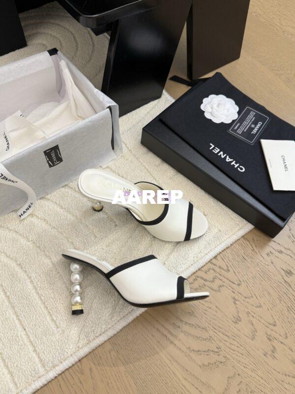 Replica Chanel Lambskin and Grossgrain Mules with Peals Heel 8.5cm G46350 White 11