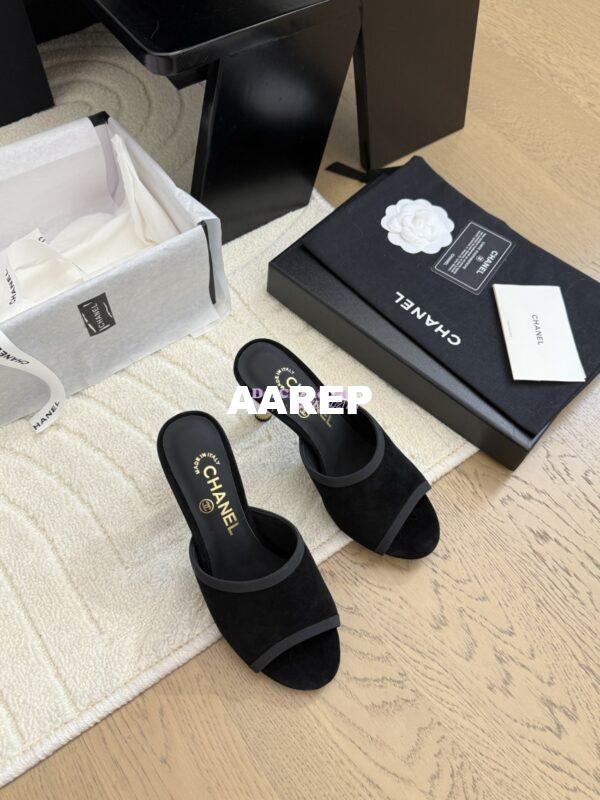Replica Chanel Velvet and Grossgrain Mules with Pearls Heel 8.5cm G46350 Black 3