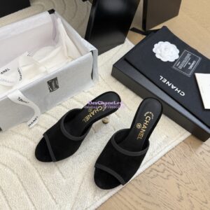 Replica Chanel Velvet and Grossgrain Mules with Pearls Heel 8.5cm G46350 Black 2