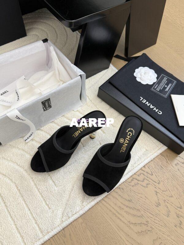 Replica Chanel Velvet and Grossgrain Mules with Pearls Heel 8.5cm G46350 Black 4