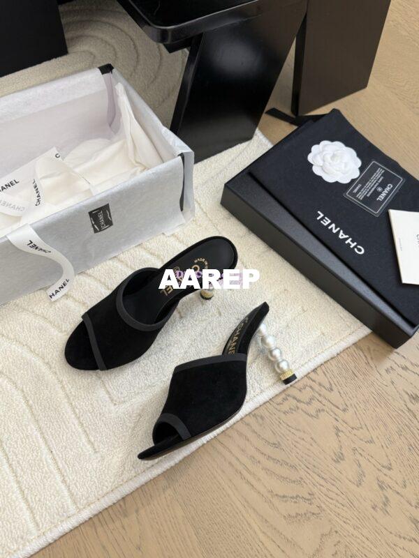 Replica Chanel Velvet and Grossgrain Mules with Pearls Heel 8.5cm G46350 Black 5