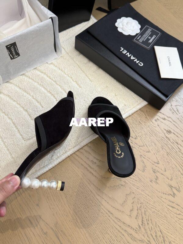 Replica Chanel Velvet and Grossgrain Mules with Pearls Heel 8.5cm G46350 Black 6