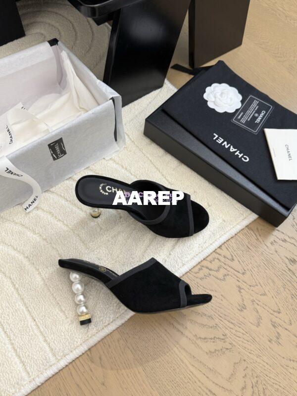 Replica Chanel Velvet and Grossgrain Mules with Pearls Heel 8.5cm G46350 Black 8