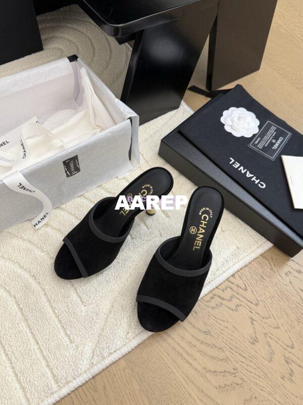 Replica Chanel Velvet and Grossgrain Mules with Pearls Heel 8.5cm G46350 Black 10