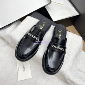 Replica Chanel 25SS Logo Rhinestones Brushed Calfskin Mules G37432 Black