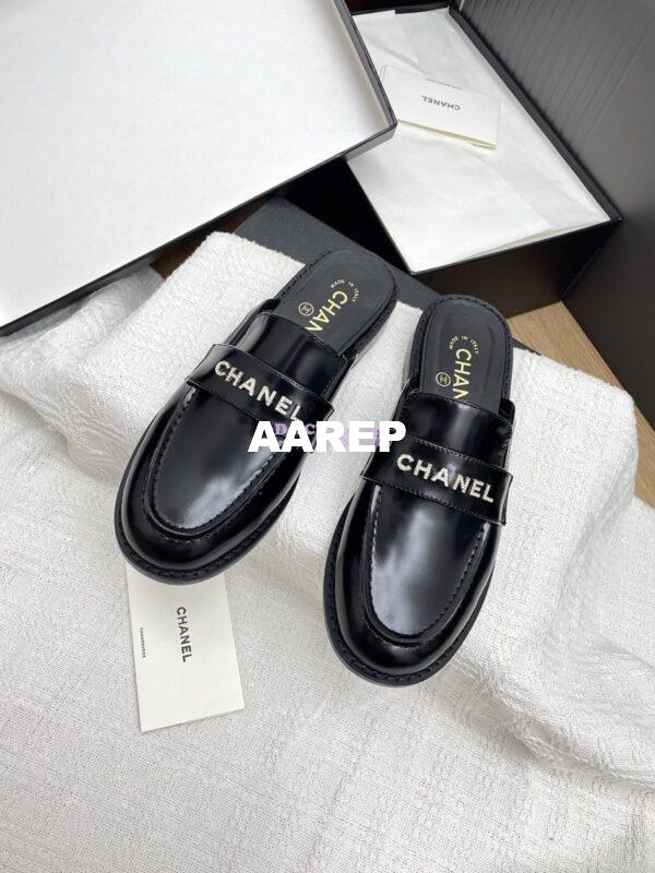Replica Chanel 25SS Logo Rhinestones Brushed Calfskin Mules G37432 Black 3