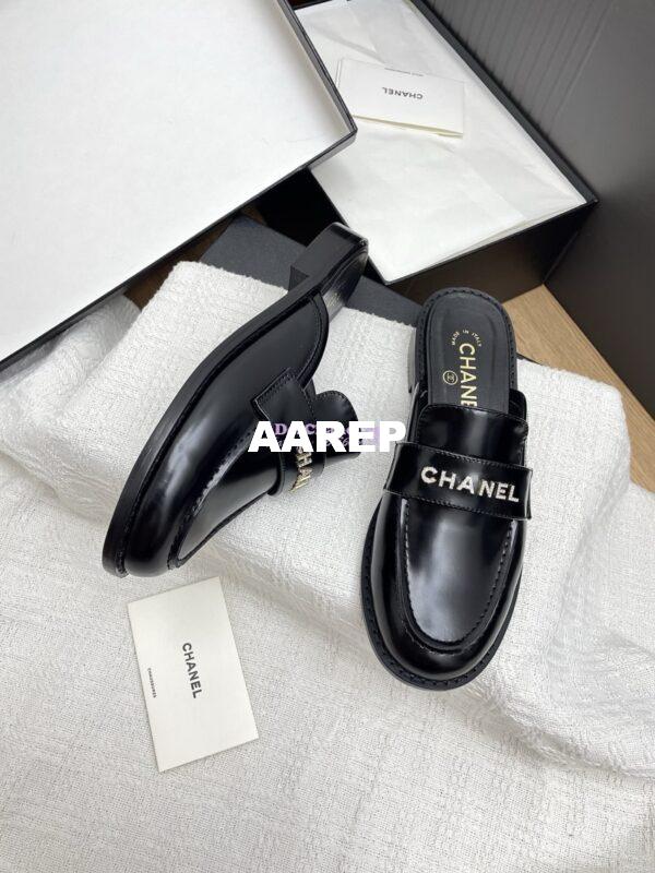 Replica Chanel 25SS Logo Rhinestones Brushed Calfskin Mules G37432 Black 5