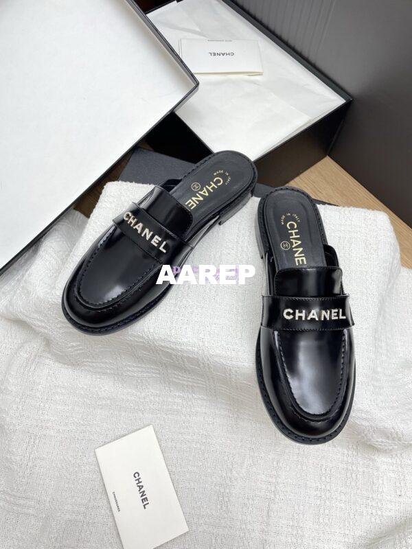 Replica Chanel 25SS Logo Rhinestones Brushed Calfskin Mules G37432 Black 6