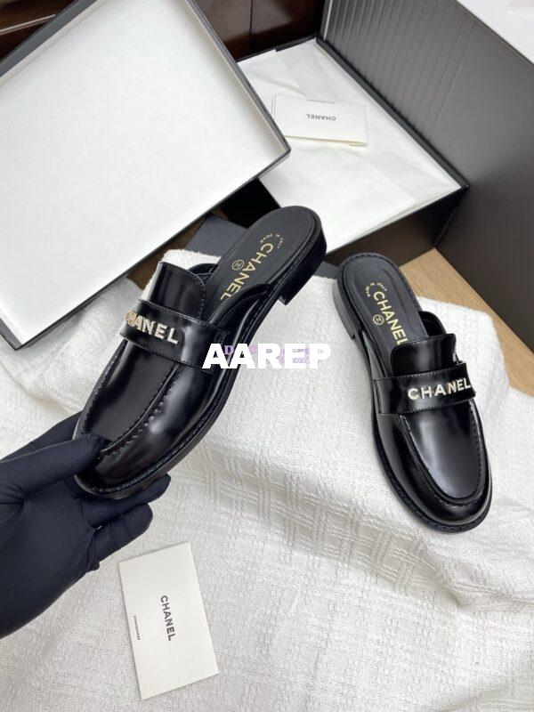 Replica Chanel 25SS Logo Rhinestones Brushed Calfskin Mules G37432 Black 7