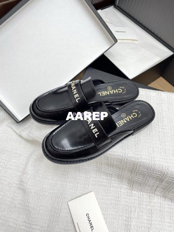 Replica Chanel 25SS Logo Rhinestones Brushed Calfskin Mules G37432 Black 8