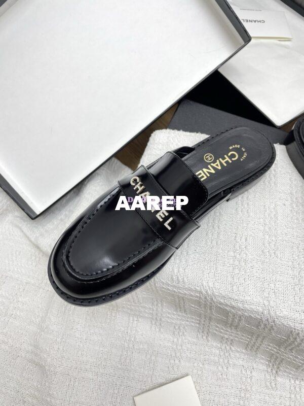 Replica Chanel 25SS Logo Rhinestones Brushed Calfskin Mules G37432 Black 11