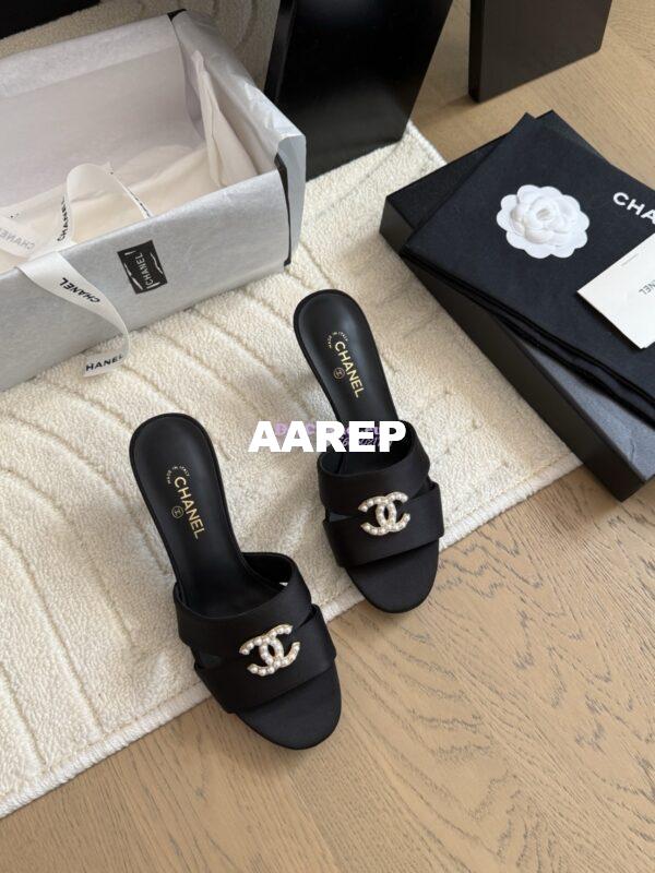 Replica CHANEL 25SS CC Pearls Mules with Pearls Heel 50mm Satin Black G46484 9