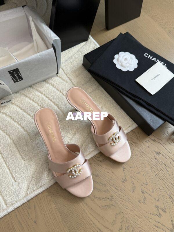 Replica Chanel 25SS CC Pearls Mules with Pearls Heel 50mm Satin Pink G46484