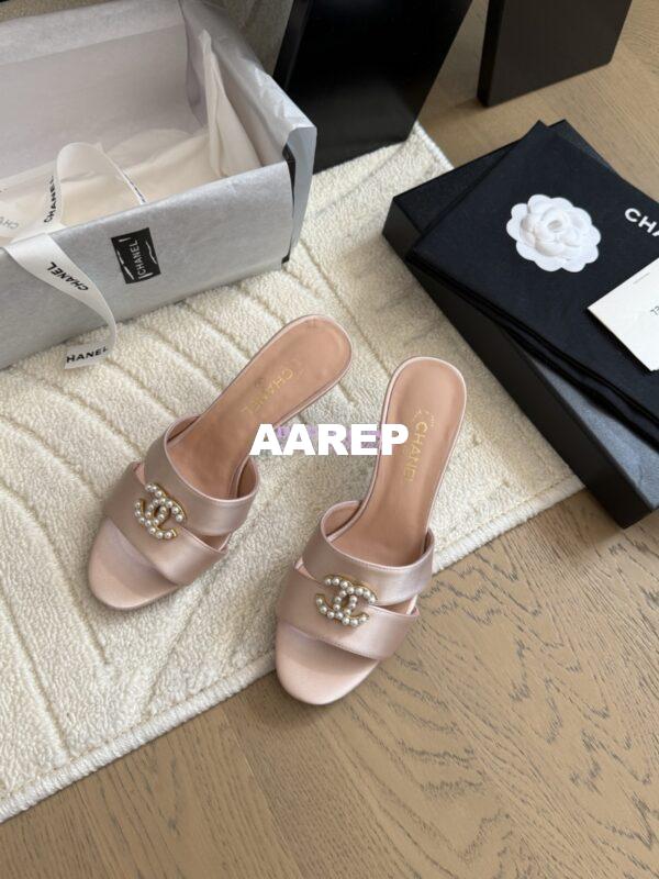 Replica Chanel 25SS CC Pearls Mules with Pearls Heel 50mm Satin Pink G46484 2
