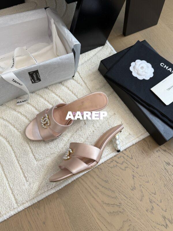 Replica Chanel 25SS CC Pearls Mules with Pearls Heel 50mm Satin Pink G46484 4