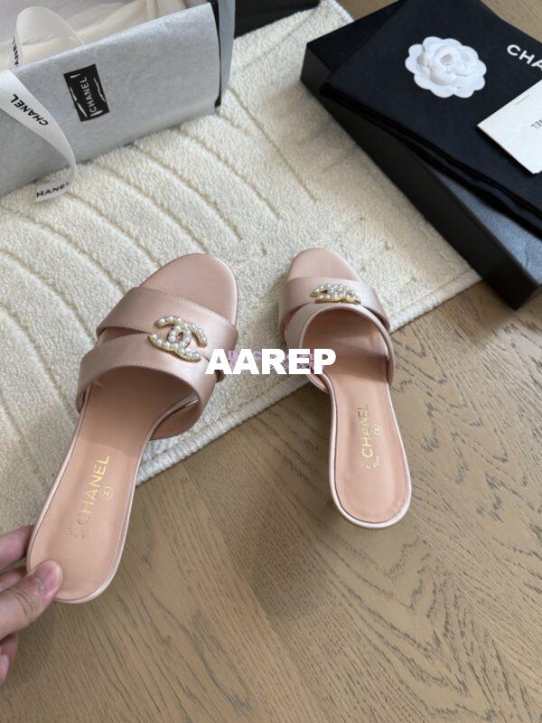 Replica Chanel 25SS CC Pearls Mules with Pearls Heel 50mm Satin Pink G46484 5
