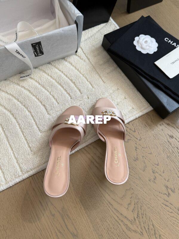 Replica Chanel 25SS CC Pearls Mules with Pearls Heel 50mm Satin Pink G46484 7