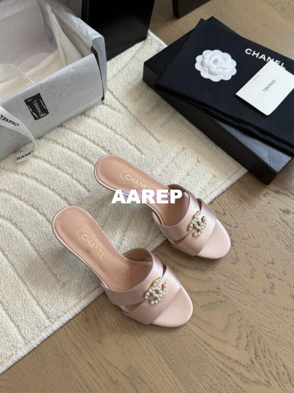 Replica Chanel 25SS CC Pearls Mules with Pearls Heel 50mm Satin Pink G46484 8