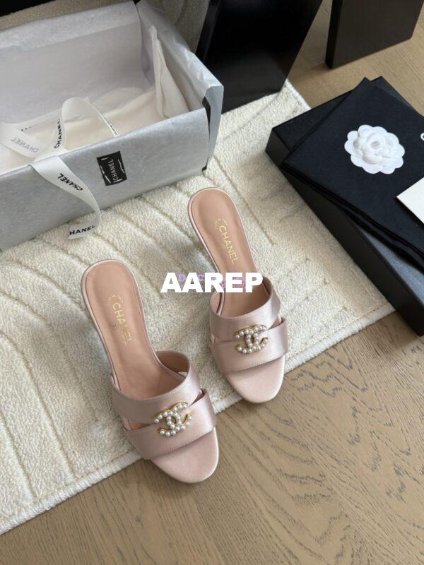Replica Chanel 25SS CC Pearls Mules with Pearls Heel 50mm Satin Pink G46484 9