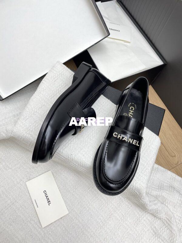 Replica Chanel 25SS Logo Rhinestones Brushed Calfskin Moccasins Loafer G37433 Black 2