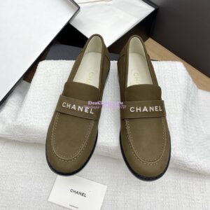 Replica CHANEL 25SS Logo Rhinestones Suede Calfskin Moccasins Loafer G37433 Olive