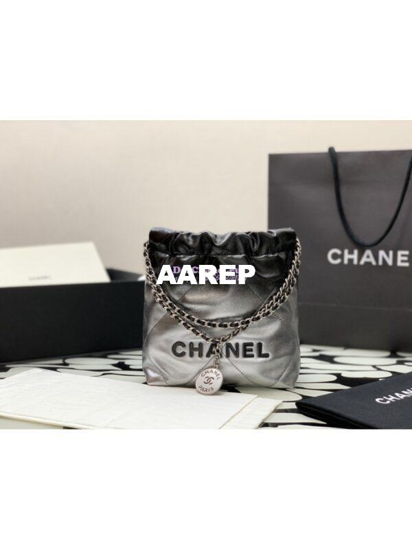 Replica Chanel Mini 22 Handbag Metallic Shaded Calfskin & Silver Metal AS3980 Black Silver 3