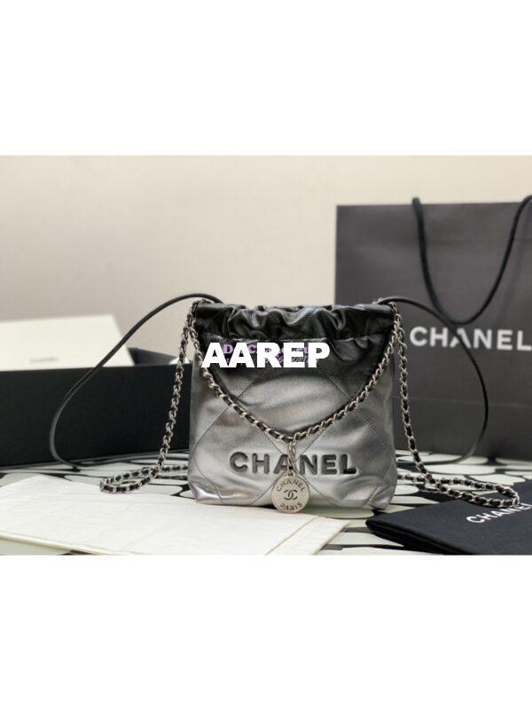 Replica Chanel Mini 22 Handbag Metallic Shaded Calfskin & Silver Metal AS3980 Black Silver 5