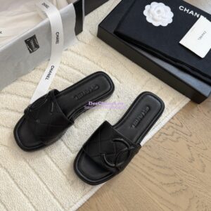Replica Chanel Vintage CC Quilted Cambon Slide Sandals in Black Leather 2