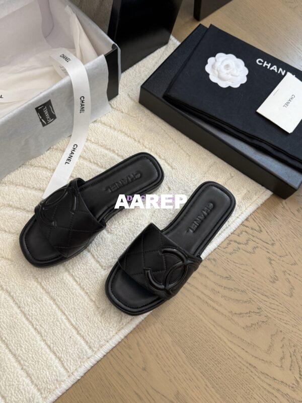 Replica Chanel Vintage CC Quilted Cambon Slide Sandals in Black Leather 4