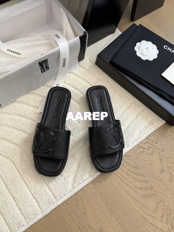 Replica Chanel Vintage CC Quilted Cambon Slide Sandals in Black Leather 6