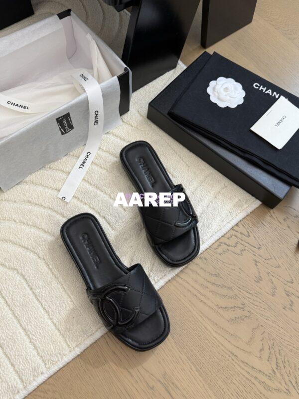 Replica Chanel Vintage CC Quilted Cambon Slide Sandals in Black Leather 11