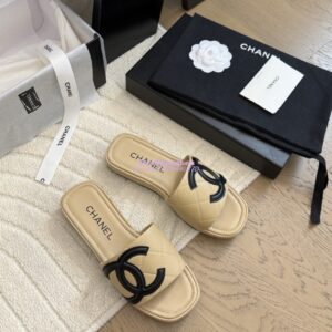 Replica Chanel Vintage CC Quilted Cambon Slide Sandals in Beige Leather