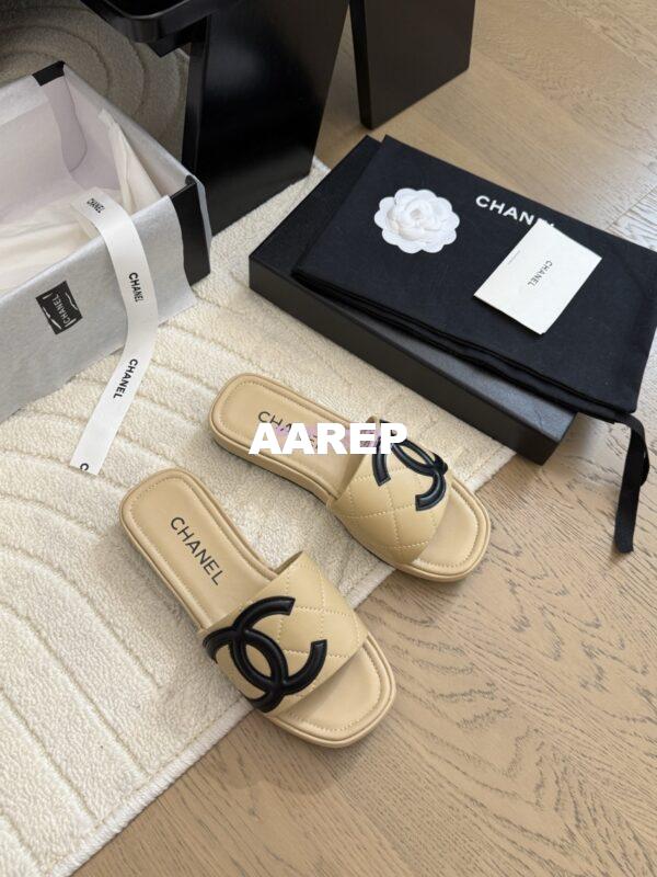 Replica Chanel Vintage CC Quilted Cambon Slide Sandals in Beige Leather 3