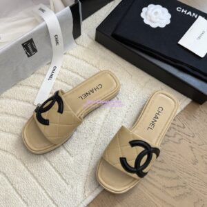 Replica Chanel Vintage CC Quilted Cambon Slide Sandals in Beige Leather 2