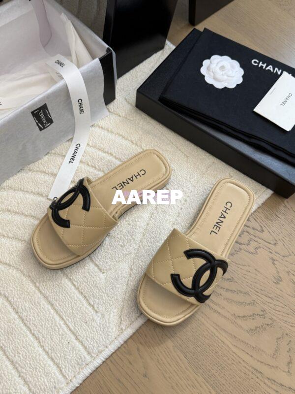 Replica Chanel Vintage CC Quilted Cambon Slide Sandals in Beige Leather 4