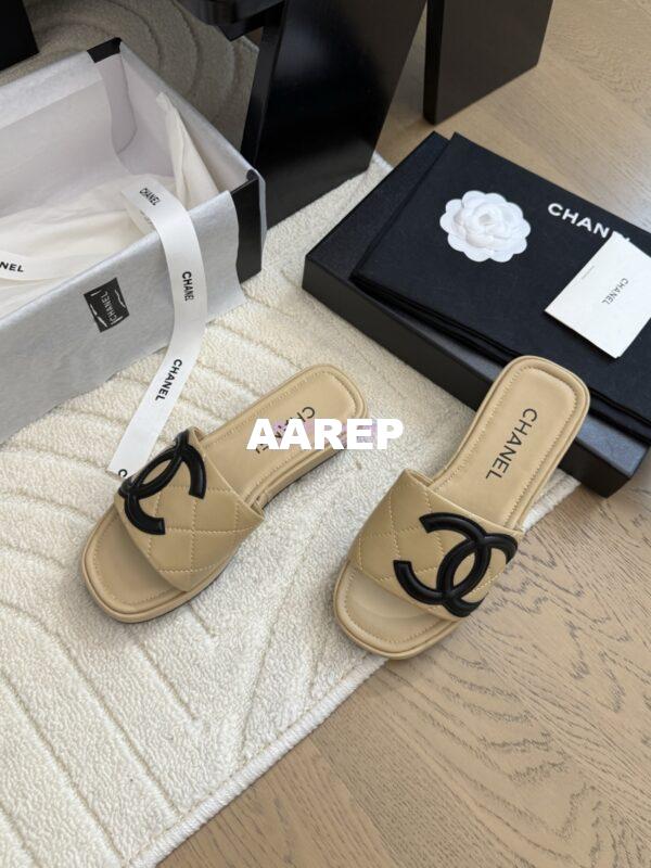 Replica Chanel Vintage CC Quilted Cambon Slide Sandals in Beige Leather 5